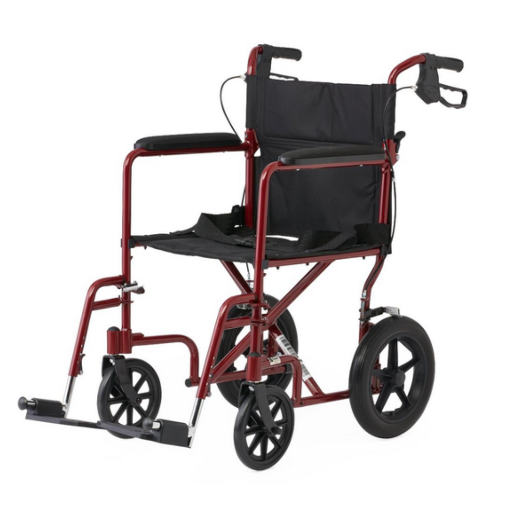 The Medline Lightweight Aluminum Transport Chair is red, foldable, and portable with a black seat, backrest, and arm pads. It includes small front wheels, larger rear wheels with easy-to-use hand brakes, and footrests for seamless mobility and transport.